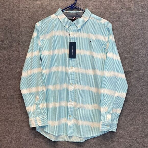 NWT TOMMY HILFIGER Dino Shirt Big Boy's XL Bachelor Button Striped Button Down - Picture 1 of 15